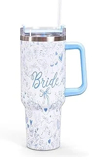 Whaline 40oz Bride Tumbler with Handle Straw and Lid Blue Bow Floral Travel