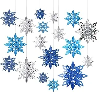 18Pcs Christmas Hanging Decorations Blue Silver 3D Snowflake Paper Hanging Or...