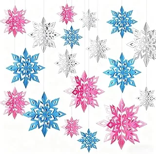 18Pcs Christmas Hanging Decorations Pink Blue Silver 3D Snowflake Paper Ornam...