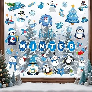 9 Sheets Hello Winter Window Cling Stickers Blue Cartoon Penguin Snowman Bear...