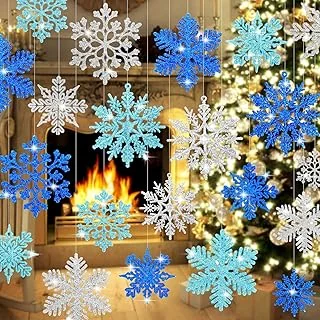 48Pcs Christmas Snowflake Hanging Ornaments Glitter Assorted Blue Silver Wint...