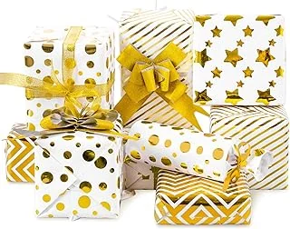 Gold Star Stripe Wrapping Paper, 8 Sheet Gold White Gift