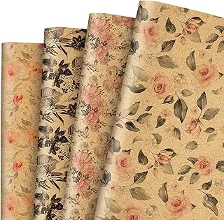 12 Sheet Retro Floral Wrapping Paper Vintage Flower Kraft