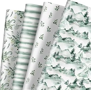 12 Sheet Green Forest Wrapping Paper Watercolor Mountain