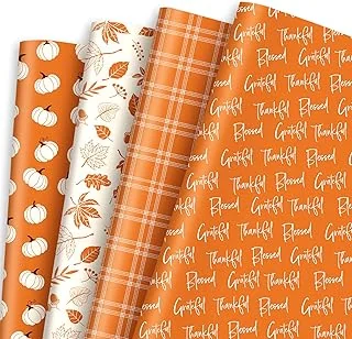 12 Sheet Fall Wrapping Paper Autumn Leaves Pumpkin Plaid
