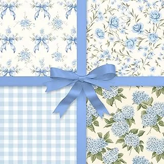 8 Sheets Blue Bow Floral Wrapping Paper - Not Roll -